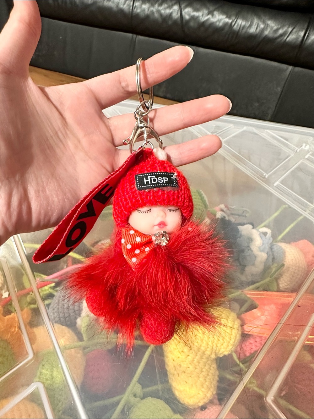 Red Plush Doll Keychain with Fur Pom Pom